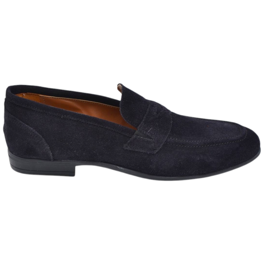 Mocassino uomo con bendina in vera pelle scamosciata blu con fondo sottile in gomma handmade in italy