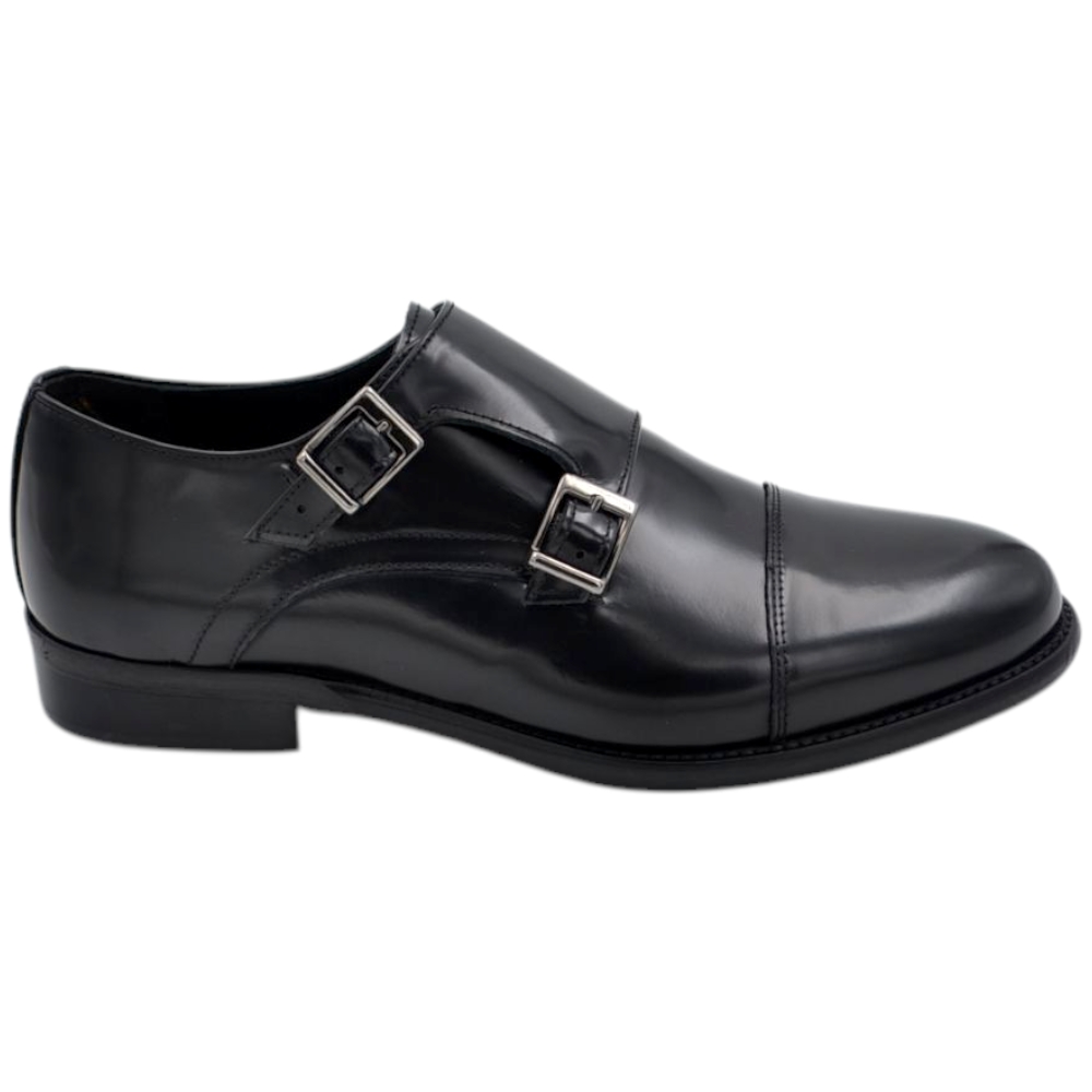 Scarpe uomo doppia fibbia eleganti vera pelle nera suola in cuoio con antiscivolo handmade in italy fibbie argento