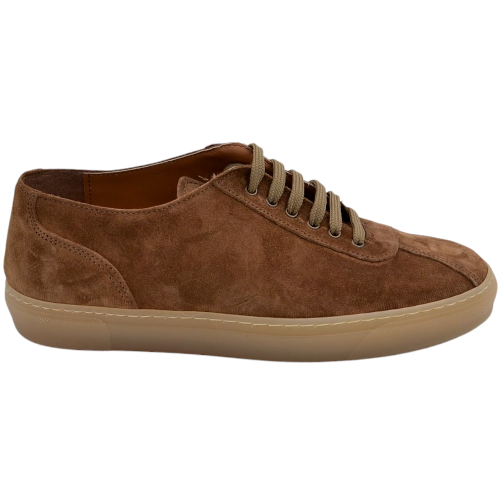 SNEAKERS UOMO BASSA IN VERA PELLE CAMOSCIO CUOIO FONDO BASSO GOMMA BEIGE 2 CM MADE IN ITALY MODA.