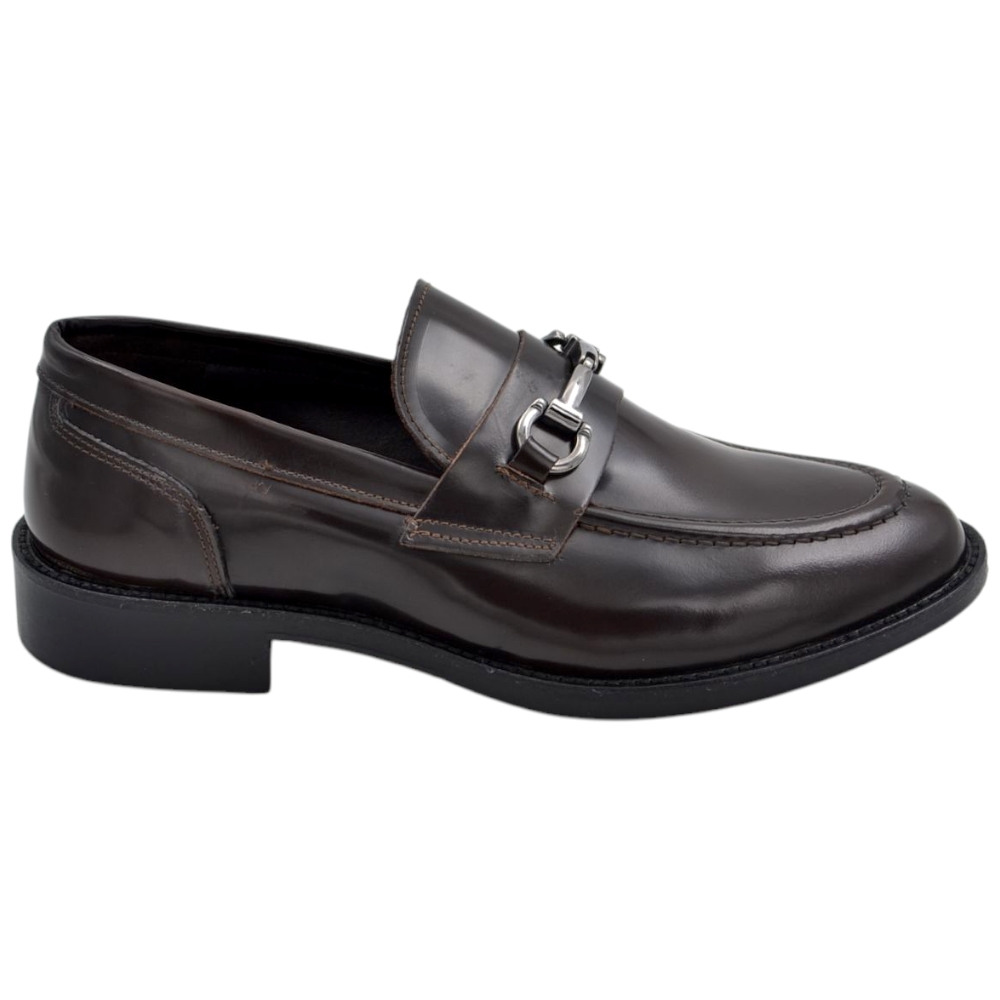 Scarpe mocassino uomo elegante morsetto argento vera pelle marrone suola in cuoio con antiscivolo cerimonia evento.