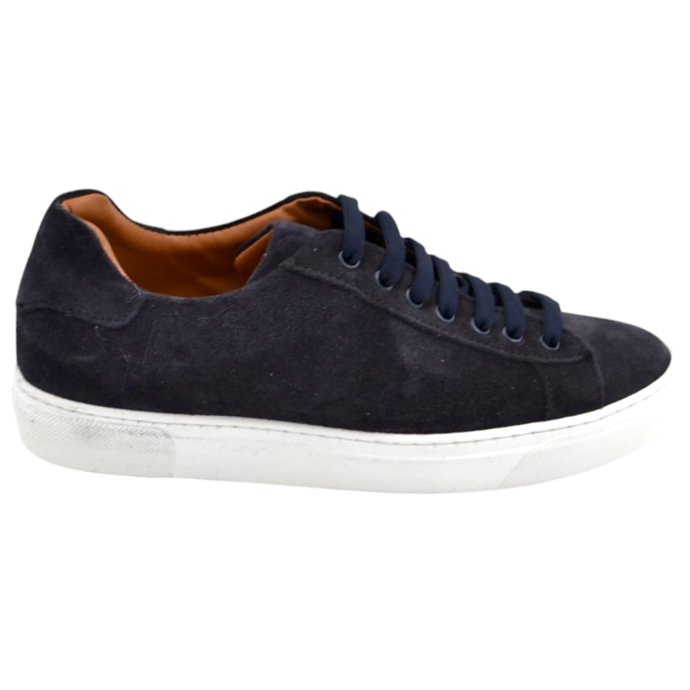 Sneakers uomo bassa in vera pelle scamosciata blu classico sportivo fondo bianco gomma Basic 2,5 cm