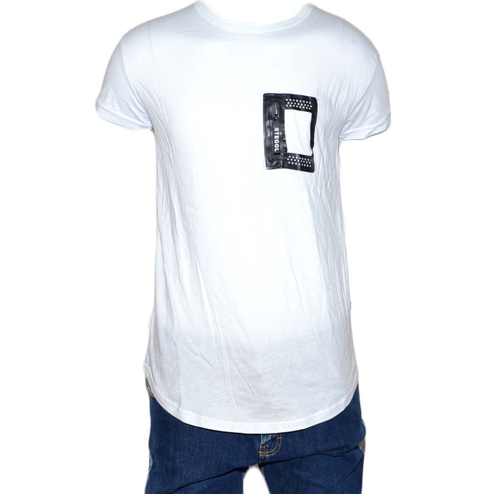 T-Shirt Uomo Mezza Manica Girocollo Cotone Girocollo Bianca Tinta Unita Con Taschino Basic