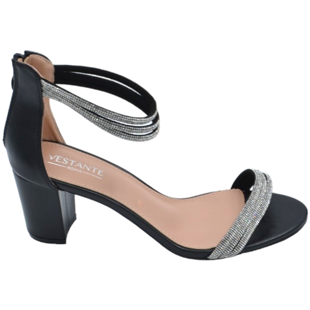 Scarpe sandalo donna nero pelle con fasce strass e chiusura con zip retro tacco largo comodo 5cm effetto nudo.