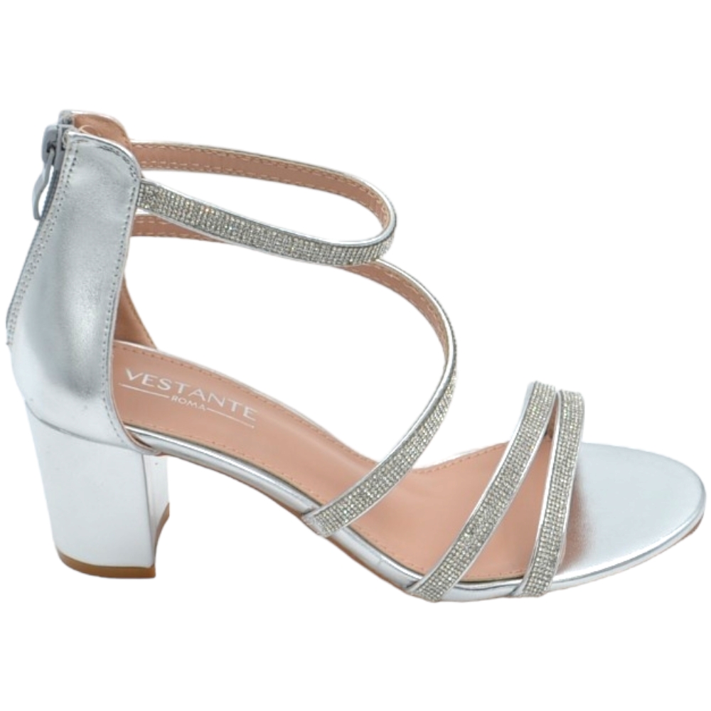 Scarpe sandalo donna argento pelle con fasce a incrocio strass e chiusura con zip retro tacco largo comodo 5cm