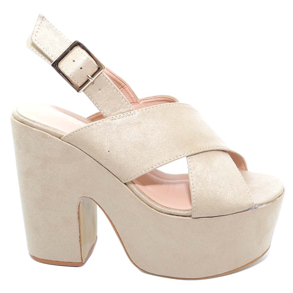 Zeppe platform beige donna con tacco spezzato fascia incrociata sul piede cinturino alla caviglia moda geisha