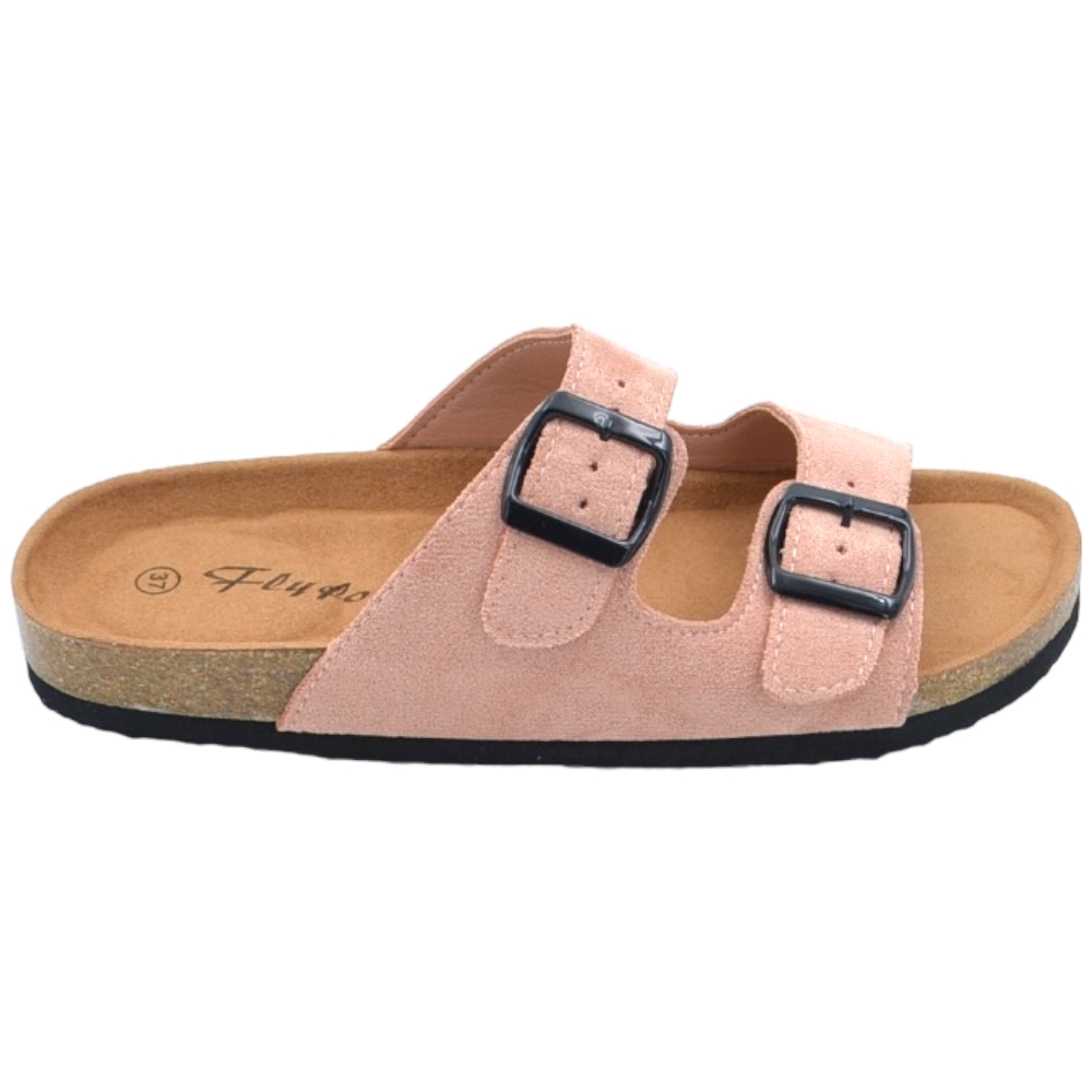 Sandali donna estivi in camoscio rosa con doppia fibbia nera regolabile fondo Eva con antiscivolo 
