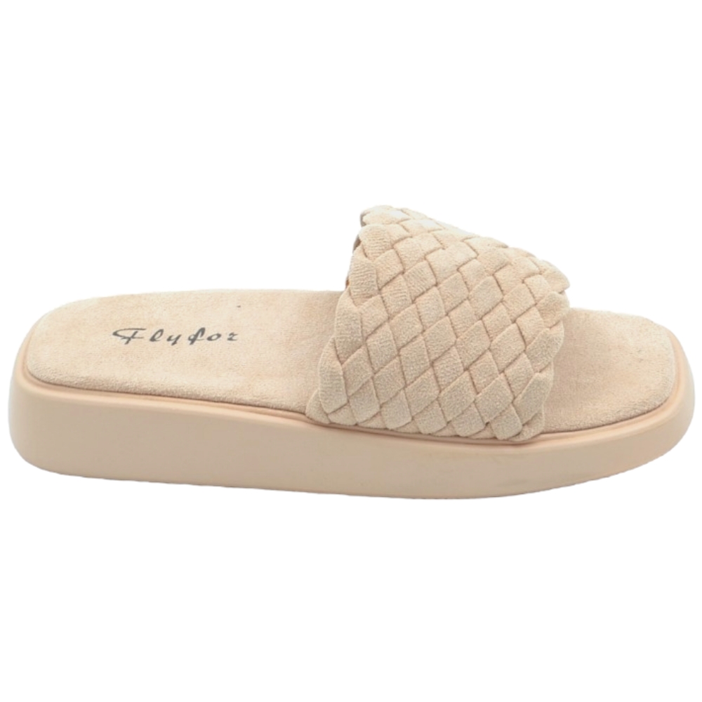 Ciabatta pantofola donna beige estiva in microfibra morbida intrecciata e fondo memory con fascia larga elastica.