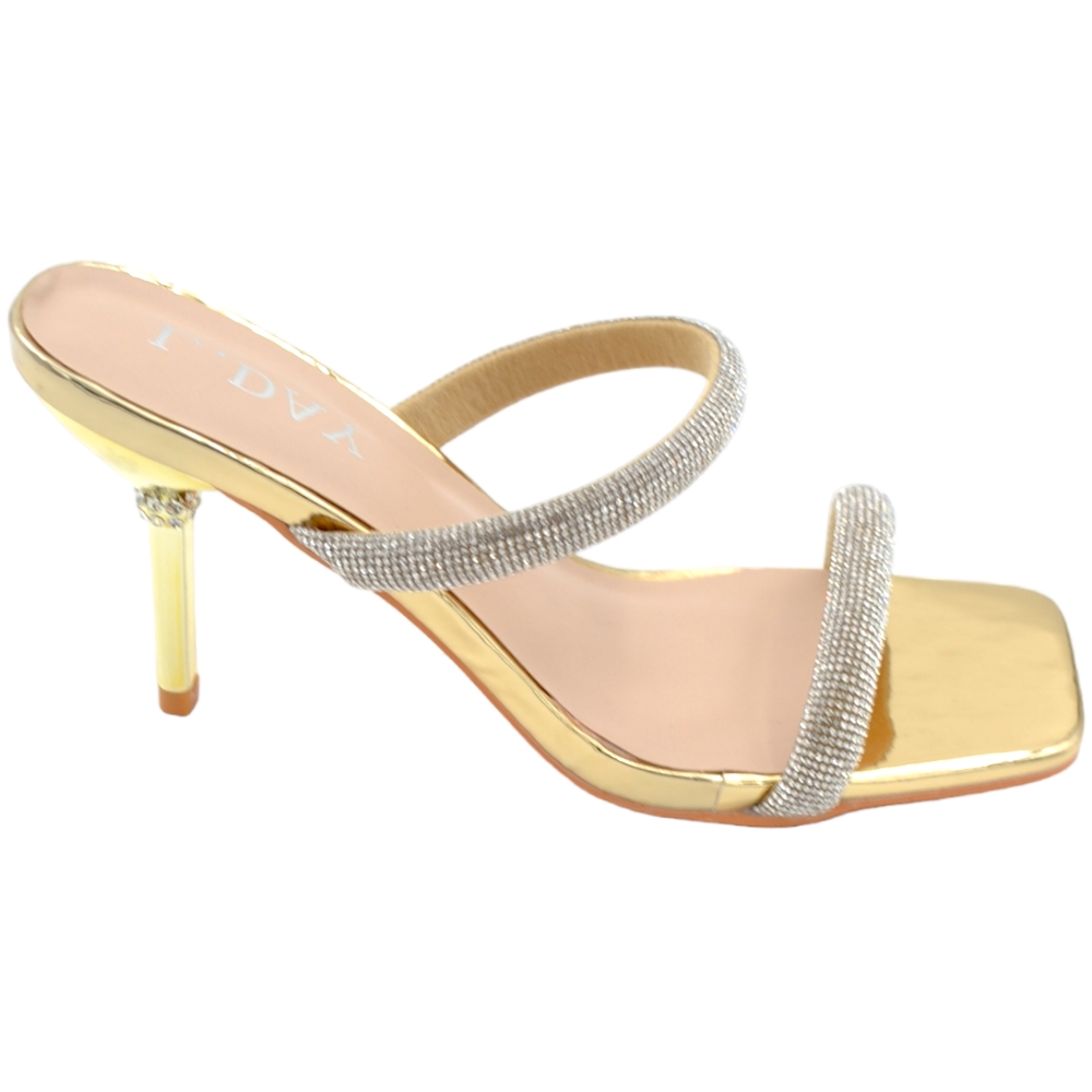 Sandali donna gioiello mule aperti dietro oro lucido fascette brillantini tacco gioiello spillo 9 cm comode eleganti