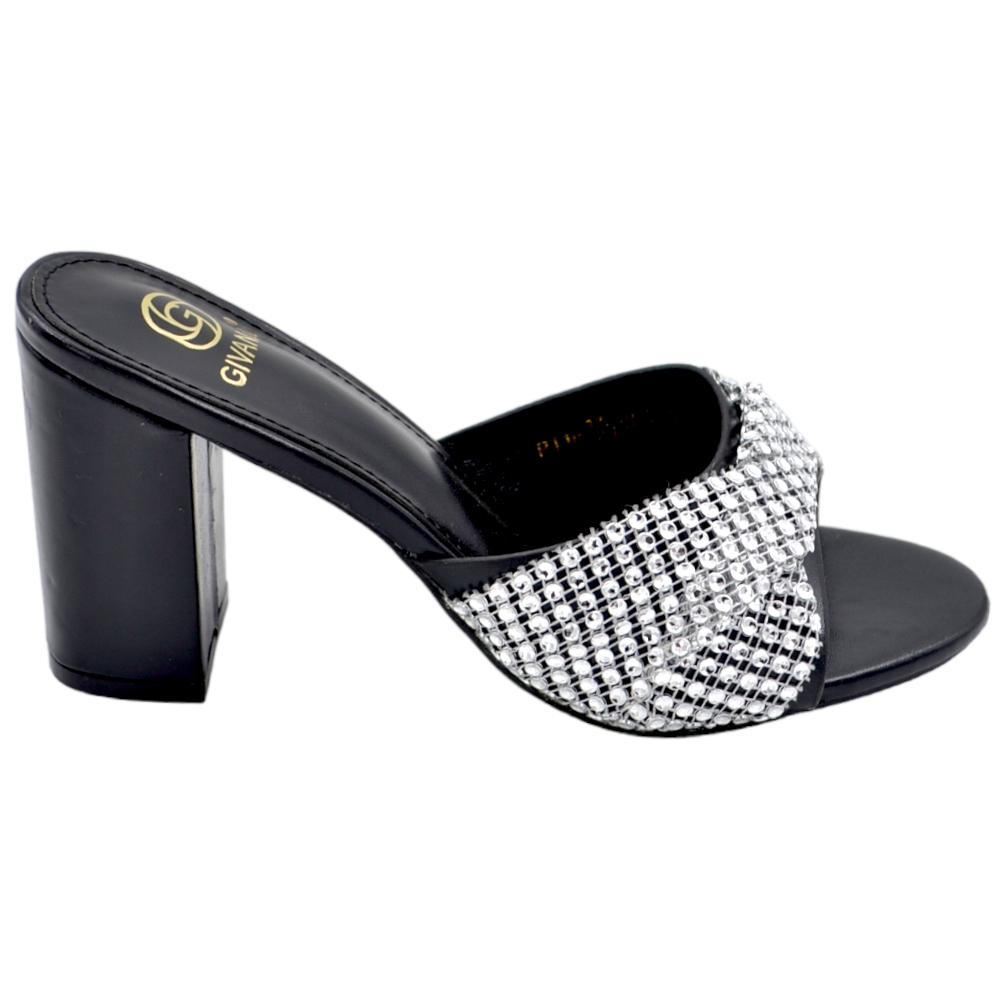 Sandalo gioiello donna nedro mule aperto dietro con fiocco di brillantini tacco largo 8 cm