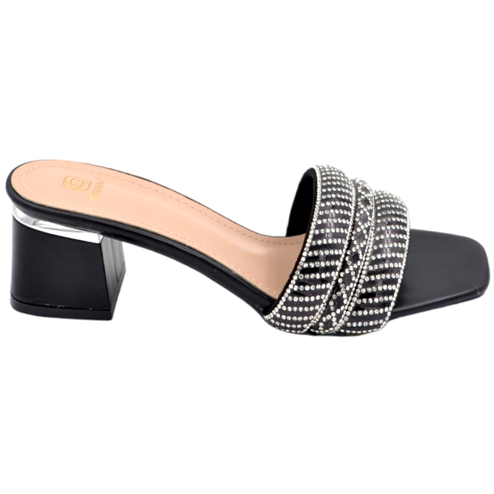 Sandali donna gioiello mule aperti dietro nero fascetta brillantini tacco basso largo 3 cm comode eleganti