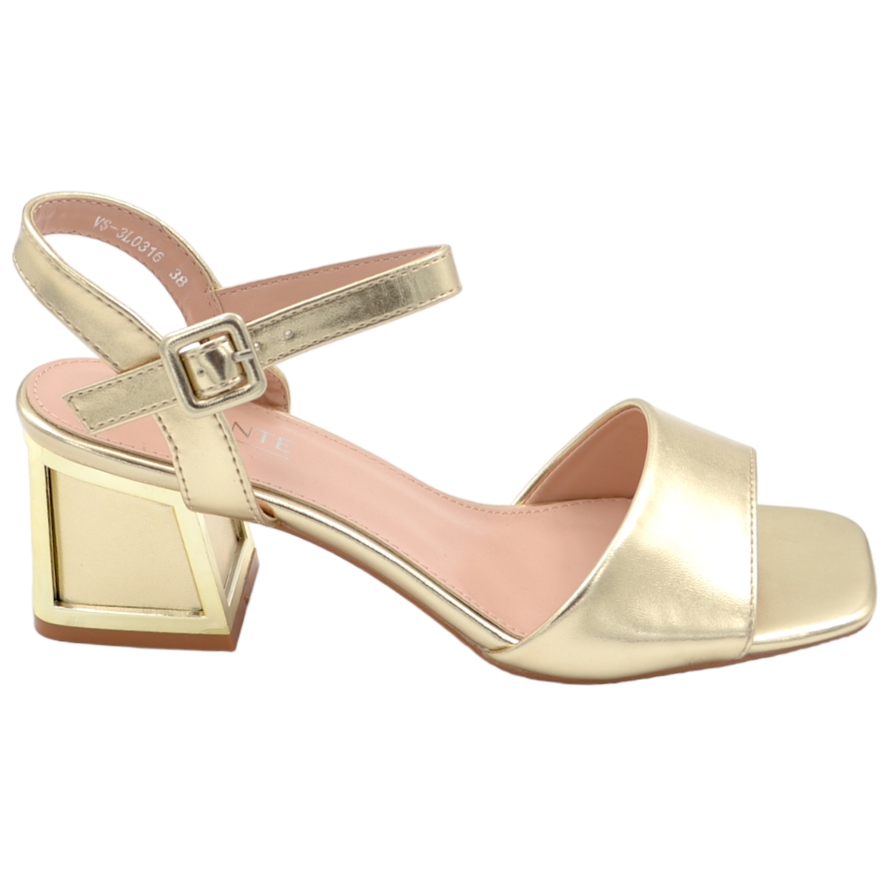 Sandalo donna dorato satinato unica fascia larga tacco gioiello largo 4 cm comodo 