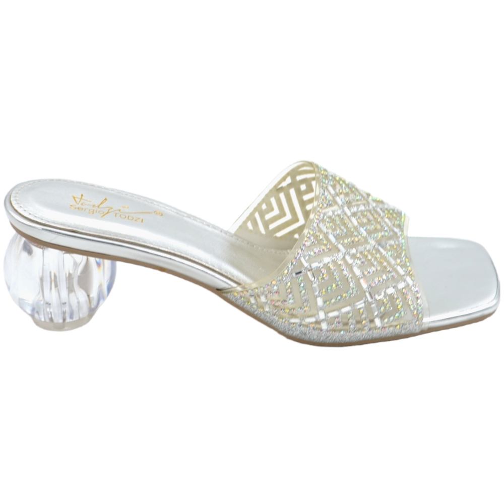 Sandali gioiello donna mule aperti dietro argento con tacco bolla di cristallo 4 cm fascia trasparente brillantini