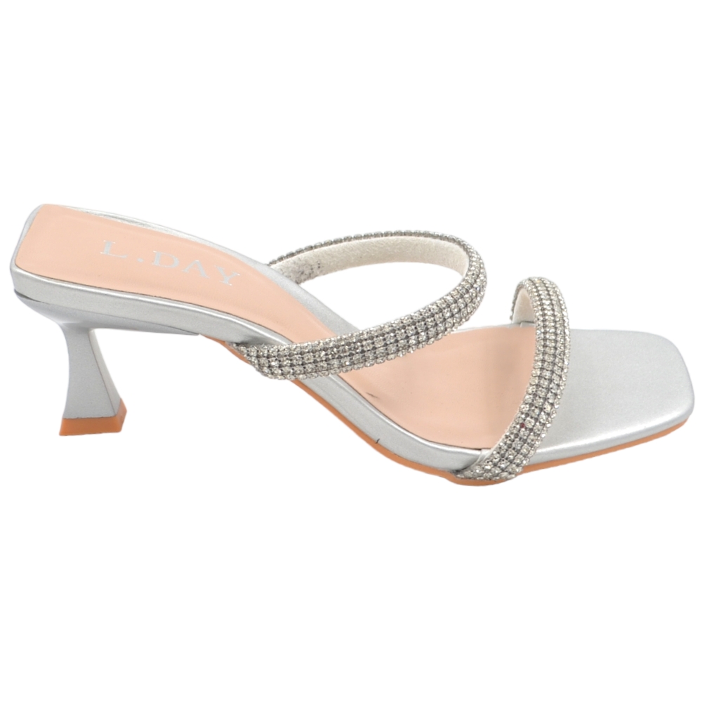 Sandali donna gioiello mule aperti dietro argento due fascette brillantini tacco basso mini 3 cm comode eleganti