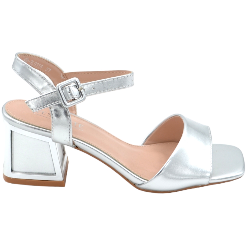 Sandalo donna argento satinato unica fascia larga tacco gioiello largo 4 cm comodo.