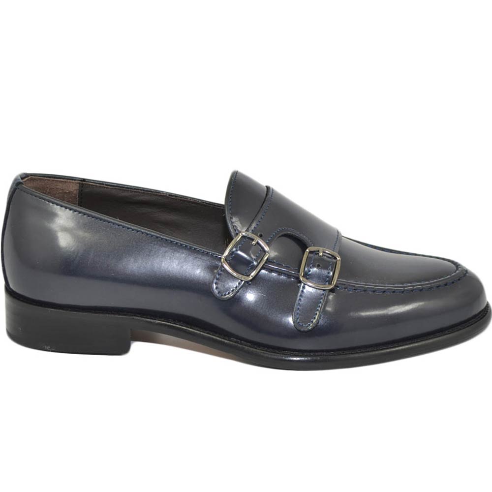 Scarpe uomo mocassino con fibbia doppia blu in vera pelle abrasivata slip on business linea dandy made in Italy