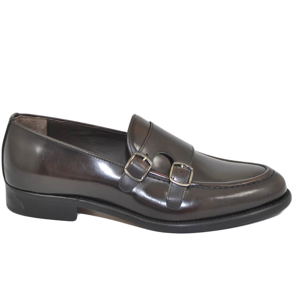 Scarpe uomo mocassino fibbia doppia cognac in vera pelle abrasivata slip on business linea dandy made in italy