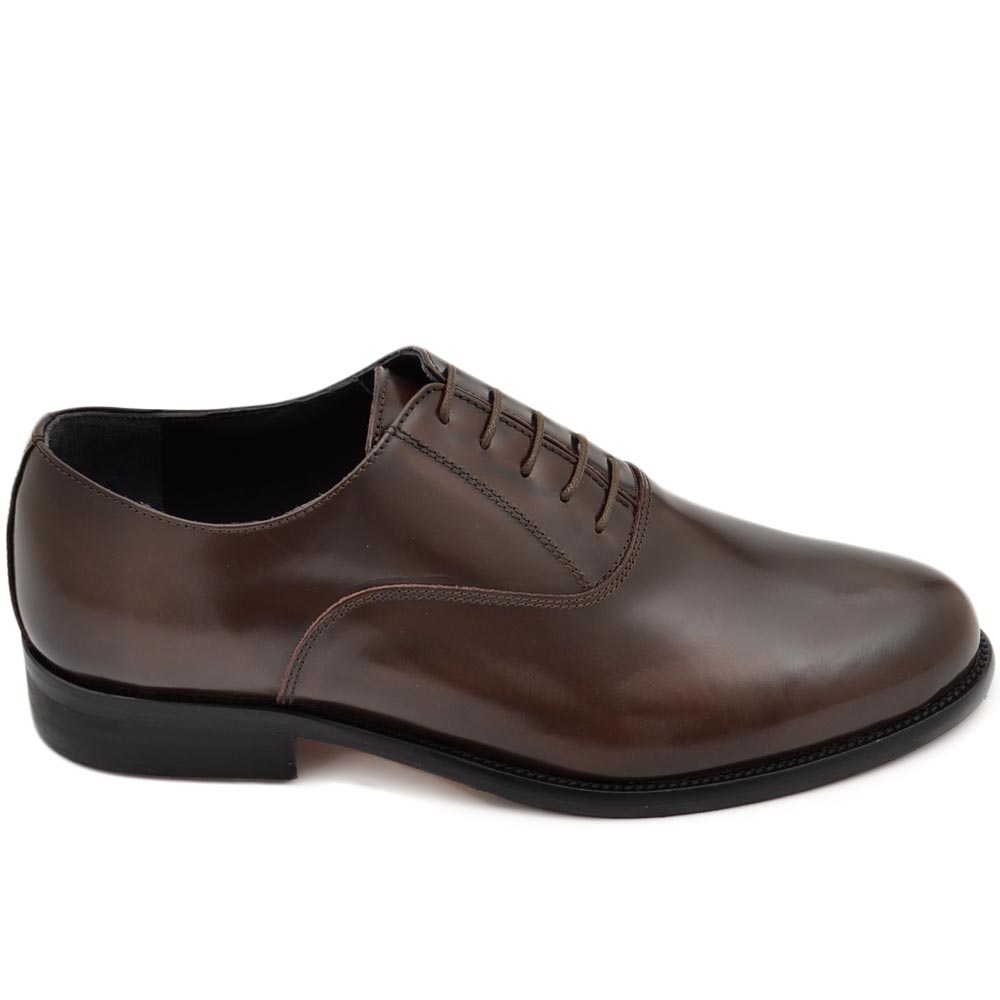 Scarpe uomo stringata elegante derby liscio vera pelle marrone made in italy fondo cuoio light elegante moda.