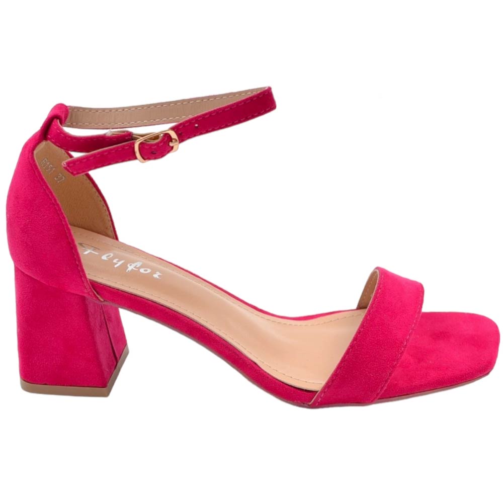 Scarpe sandalo camoscio fucsia con tacco 3 cm basso comodo basic con fascia morbida e cinturino alla caviglia cerimonia.