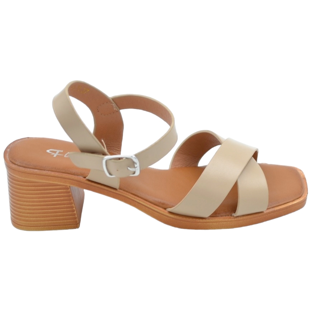 Sandali donna comodo estivo con tacco largo chiusura alla caviglia fibbia e fondo in memory fascia incrociata beige	