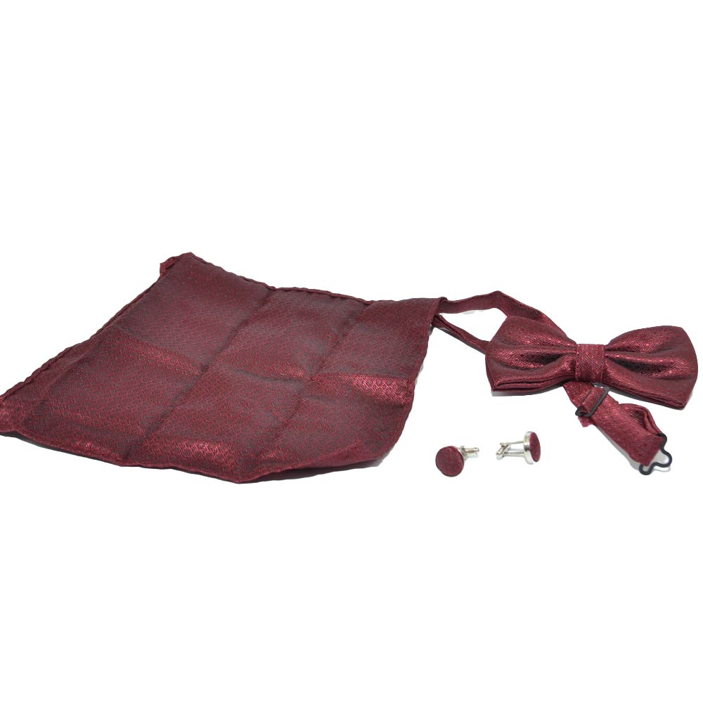 Set coordinato uomo papillon con gemelli e pochette bordeaux fantasia tinta unita elegante cerimonia