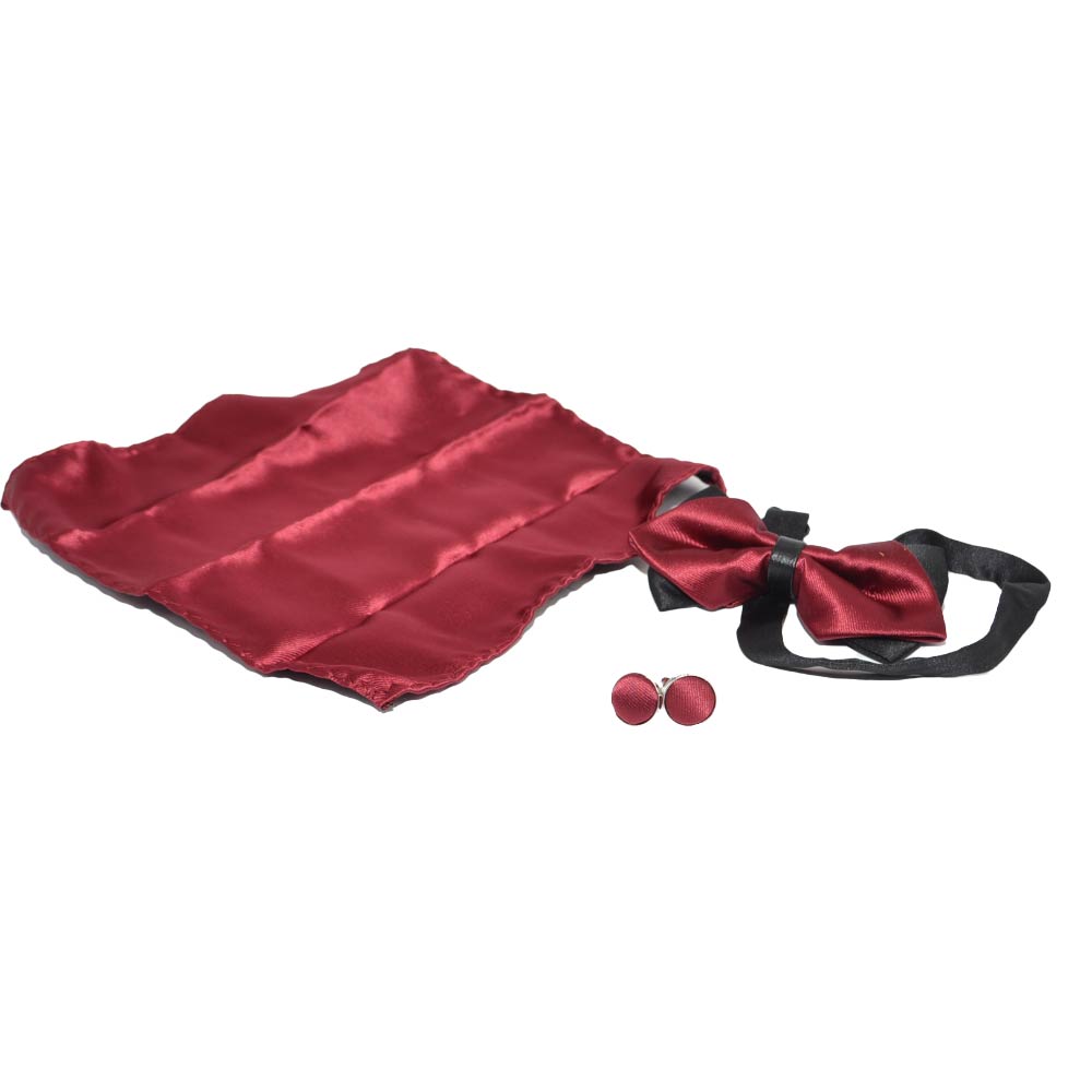 SET PAPILLON PICCOLO UOMO IN RASO BORDEAUX CON BOTTONI GEMELLI E POCHETTE DA TASCHINO