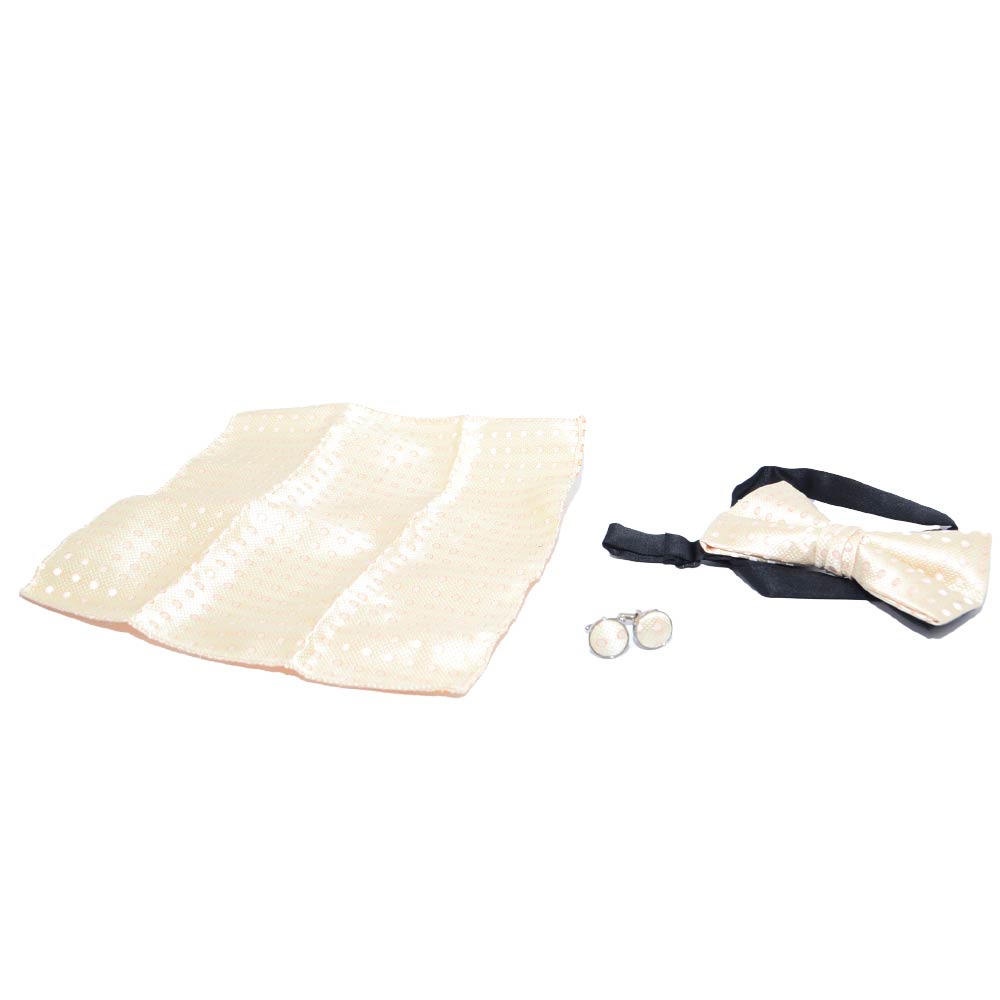 Set coordinato uomo papillon con gemelli e pochette panna avorio fantasia tinta unita elegante cerimonia