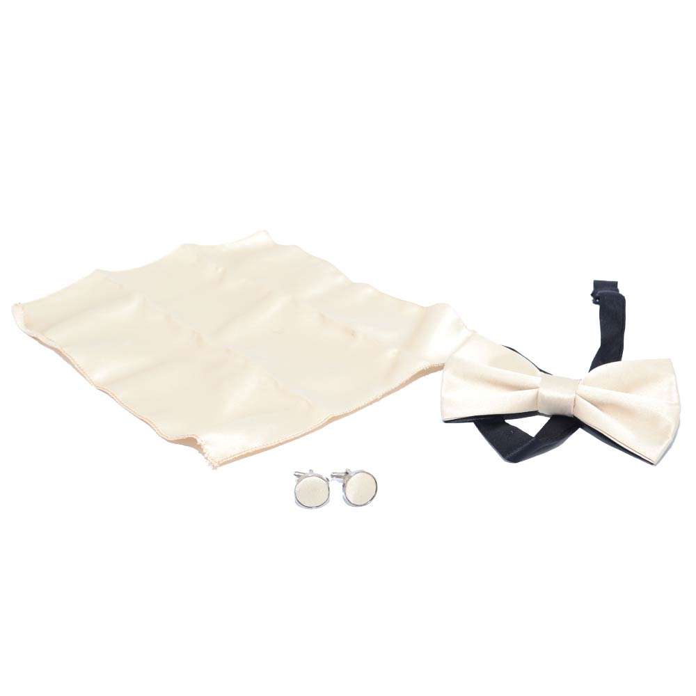 Set coordinato uomo papillon cravattino in raso con gemelli e pochette panna avorio tinta unita elegante cerimonia