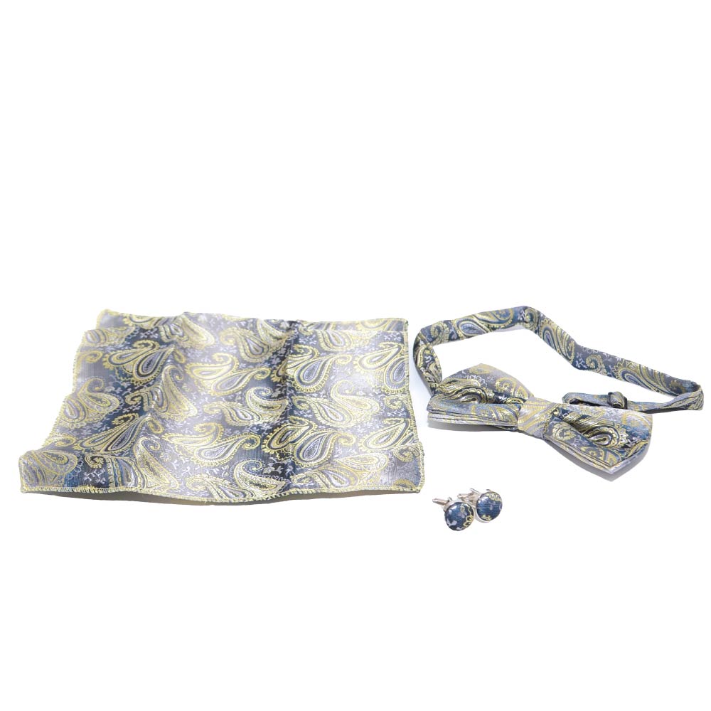 Set coordinato uomo papillon damascato con gemelli e pochette nero oro grigio fantasia luxury elegante cerimonia