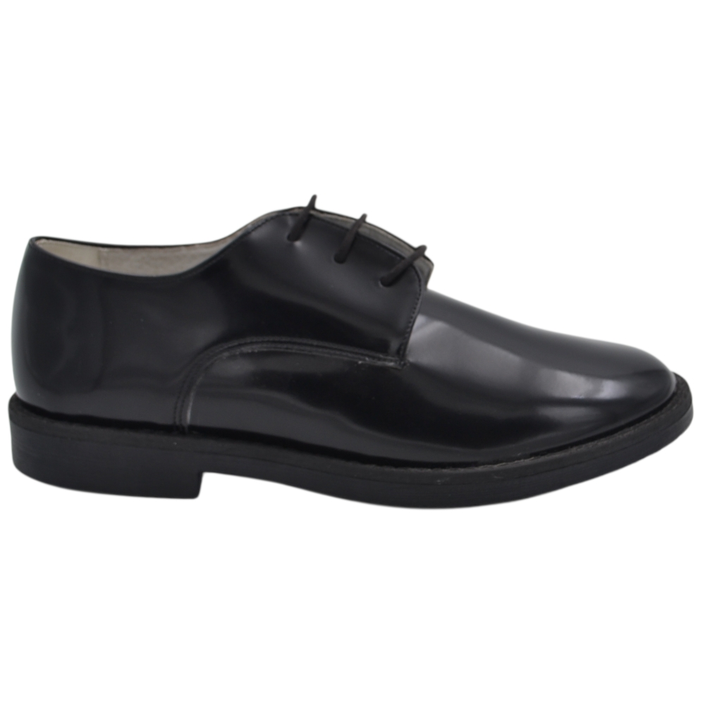 Scarpe eleganti bambino nere stringata Derby in pelle lucida con suola in gomma e tacco basso.