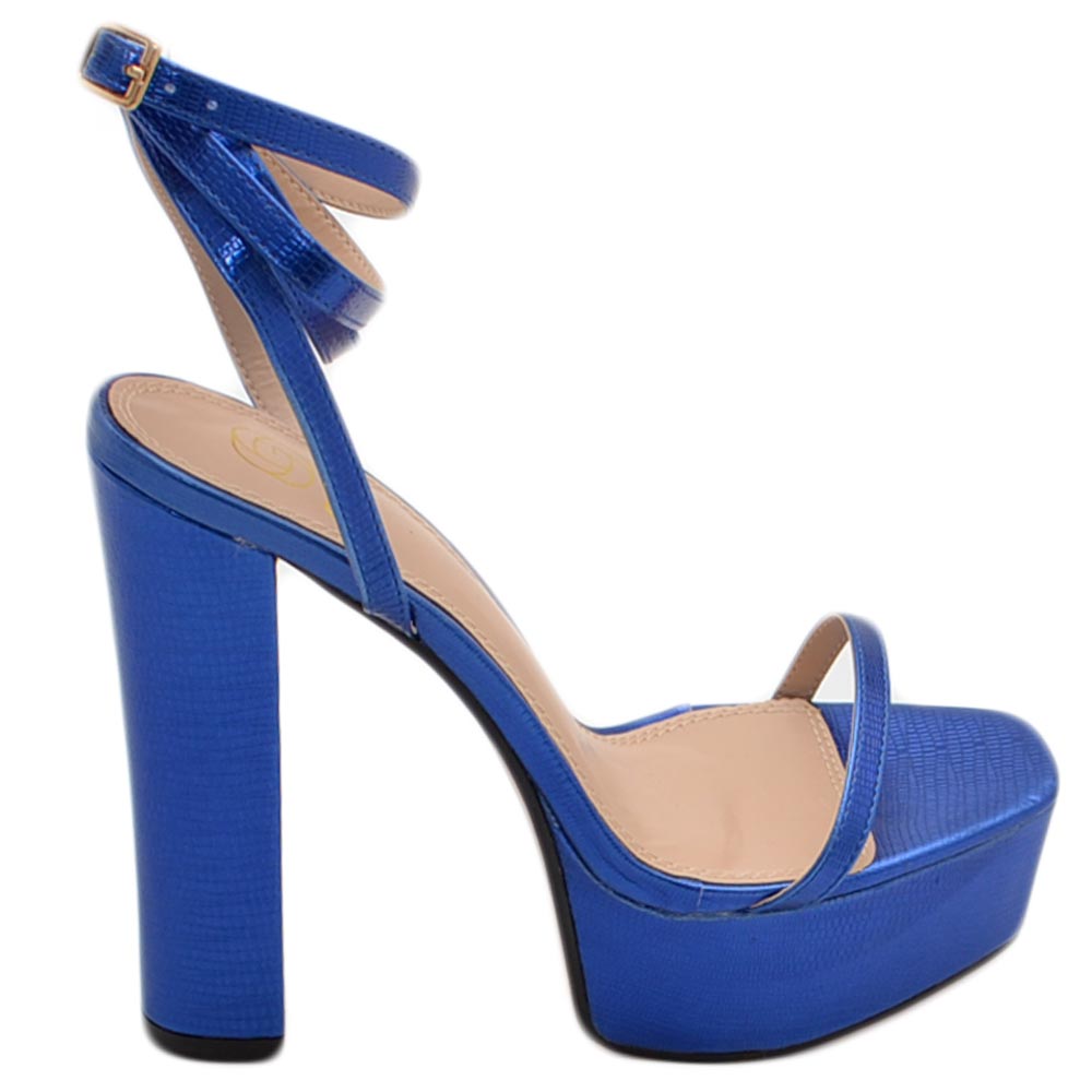 SANDALO DONNA TACCO IN PELLE BLU TACCO DOPPIO 15 CM PLATEAU 5 CM LACCI ALLA CAVIGLIA OPEN TOE MODA.