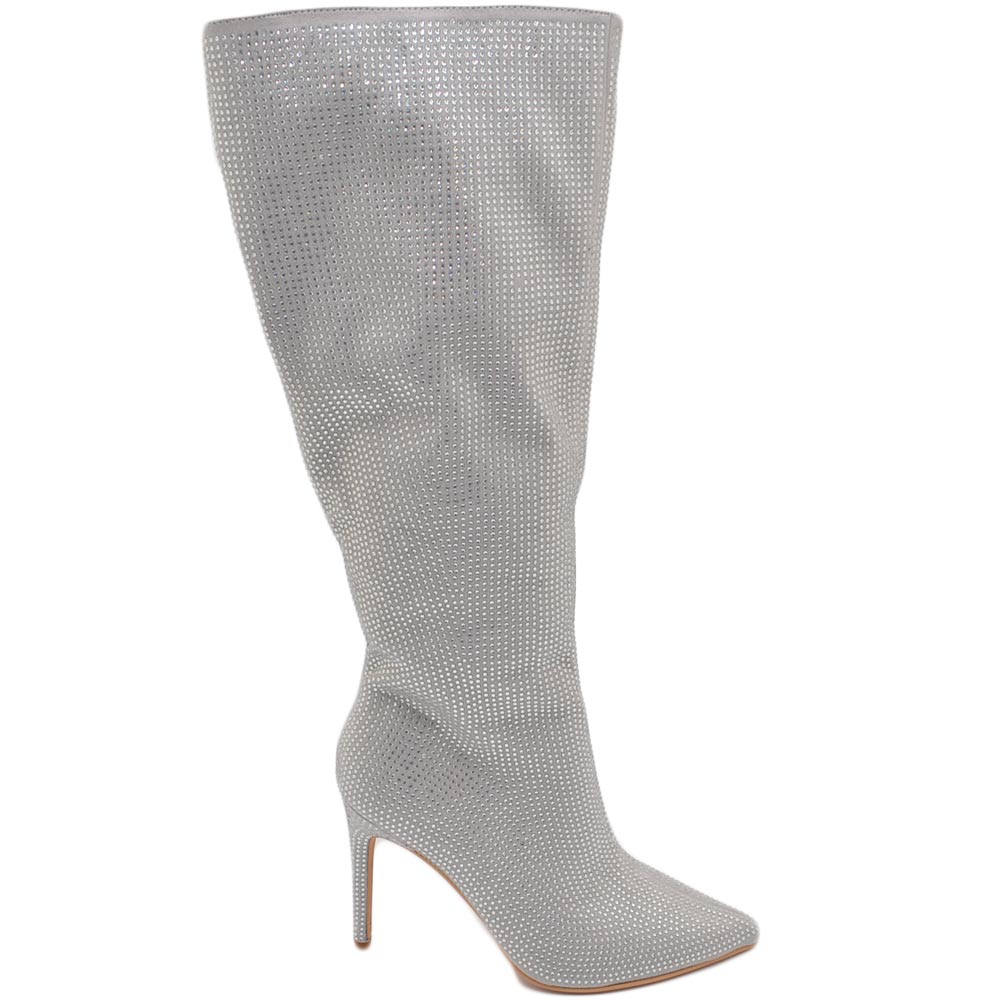 Stivale argento donna sotto al ginocchio ricoperto di strass tacco a spillo 12 aderente con zip a punta moda cerimonia