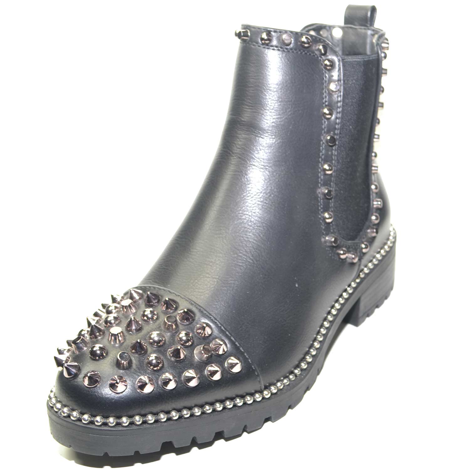 STIVALETTO BASSO DONNA, PUNTA CON BORCHIE ARGENTO FONDO ANTISCIVOLO E TESSUTO IMPREZIOSITO DA BORCHIE LATERALI