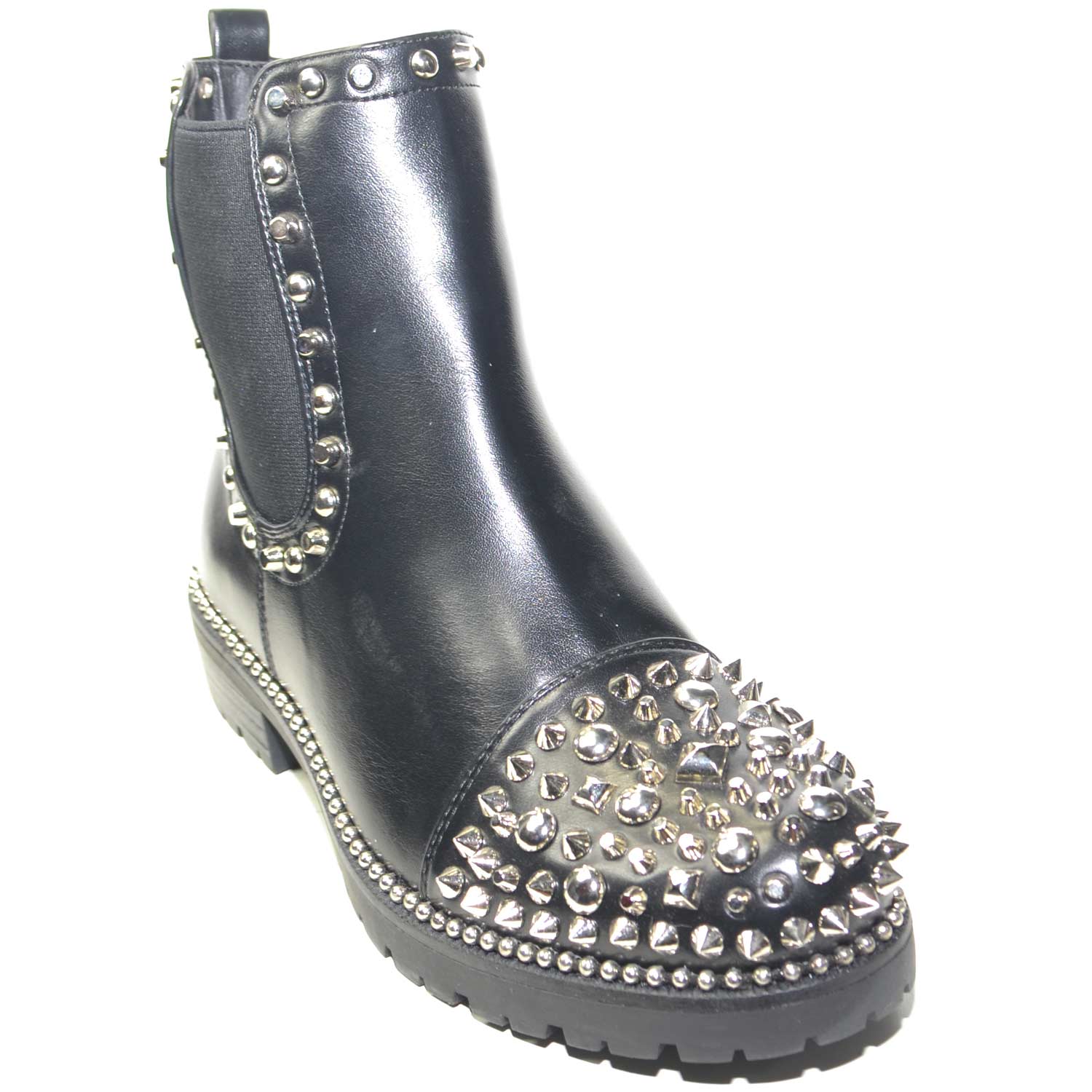 STIVALETTO BASSO DONNA, PUNTA CON BORCHIE ORO FONDO ANTISCIVOLO E TESSUTO IMPREZIOSITO DA BORCHIE LATERALI