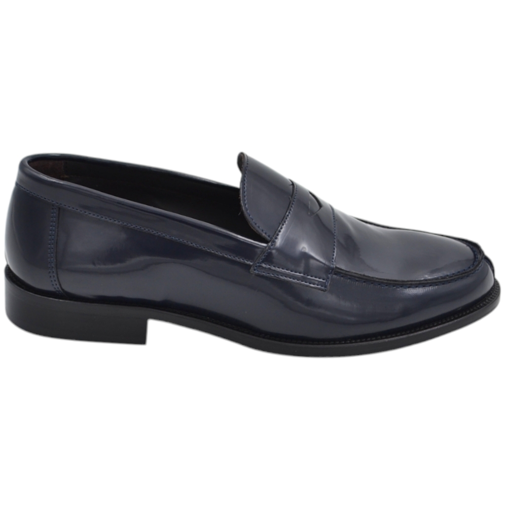 Mocassino uomo college in vera pelle abrasivata blu con bendina fatte a mano fondo cuoio con antiscivolo made in italy