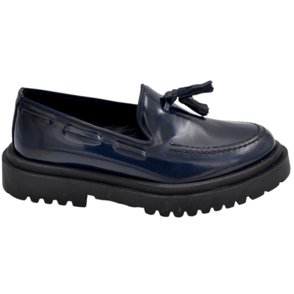 Mocassini uomo scarpa con pappina bon bon  in vera pelle abrasivata blu spazzolato fondo gomma alto nero 4,5 cm
