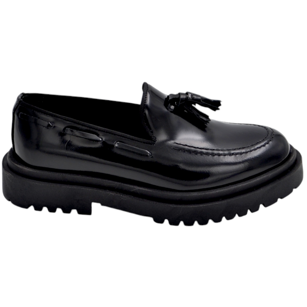 Mocassini uomo scarpa con nappina bon bon in vera pelle abrasivata marrone spazzolato fondo gomma alto nero 4,5 cm