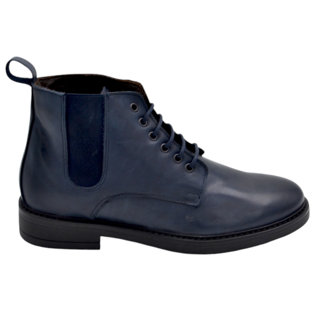Scarpe stivale polacchino uomo anfibio lacci vera pelle nappa blu suola gomma zip elastico laterale calzata facilitata 