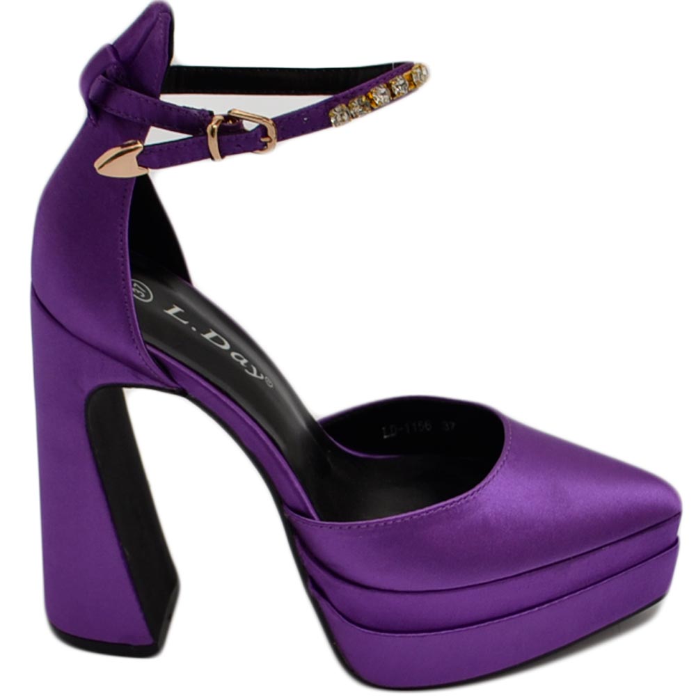 Decollete' donna mary jane a punta in raso viola con plateau 4 cm e tacco largo 15 cinturino strass alla caviglia
