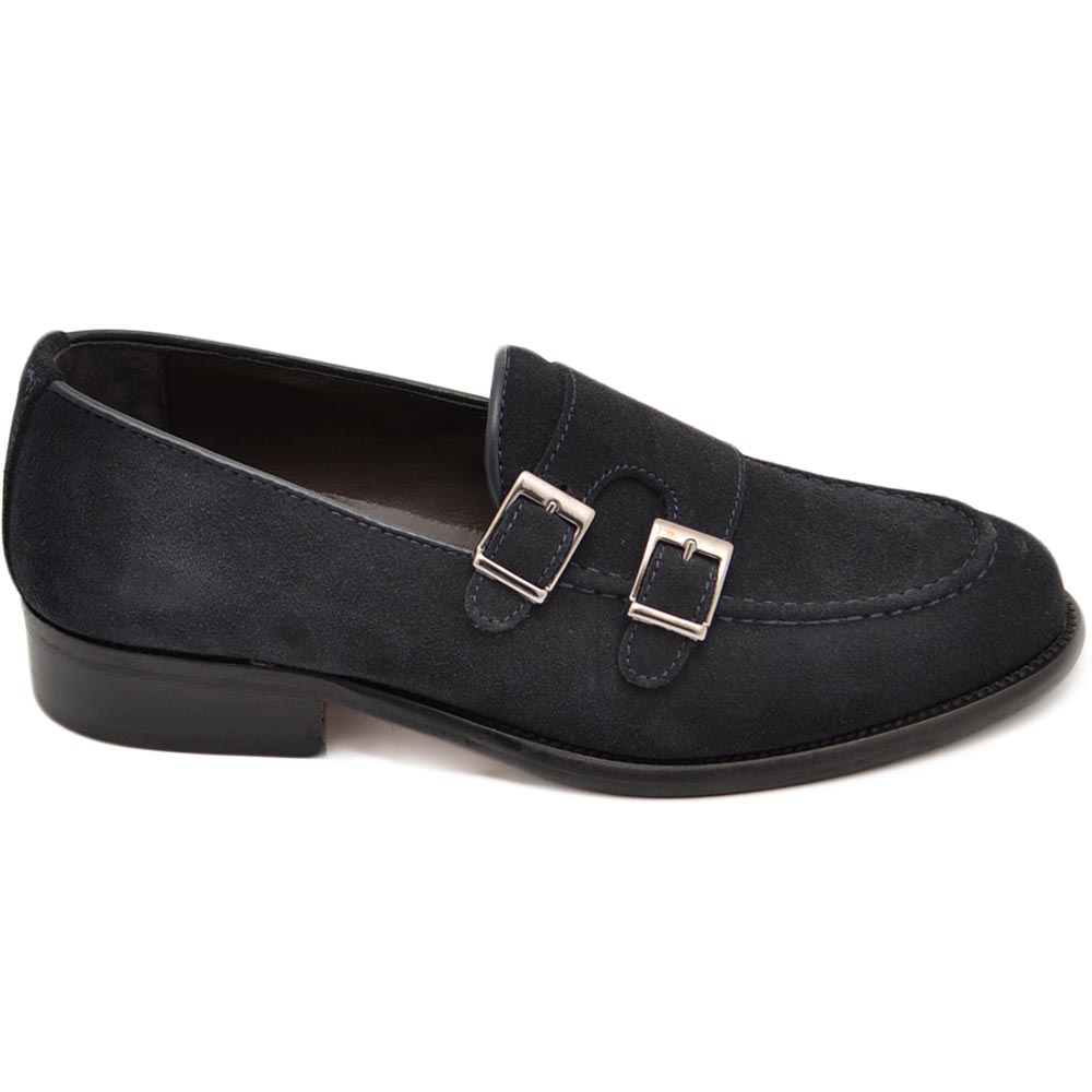 Scarpa mocassino uomo con doppia fibbia in vera pelle camoscio blu notte suola in cuoio antiscivolo made in Italy