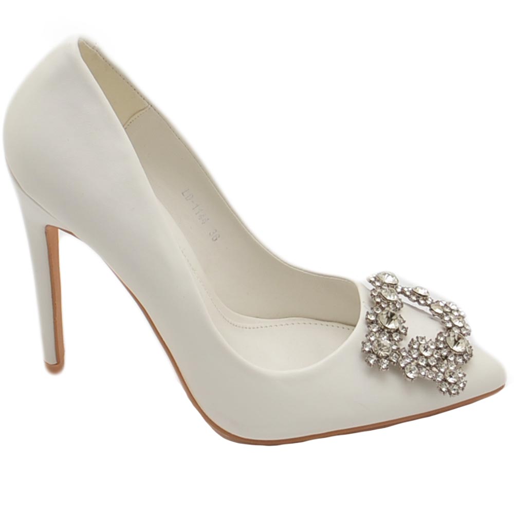 Decolette' donna pelle matte bianco con gioiello spilla quadrato argento in punta tacco 12 cm spillo.