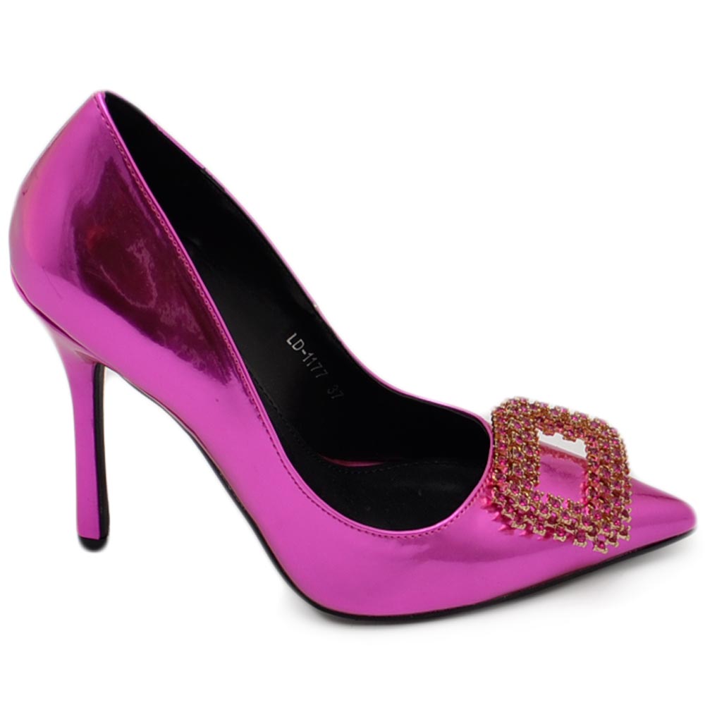 Decolette' donna lucido specchio fucsia con gioiello spilla quadrato oro in punta tacco 12 cm spillo