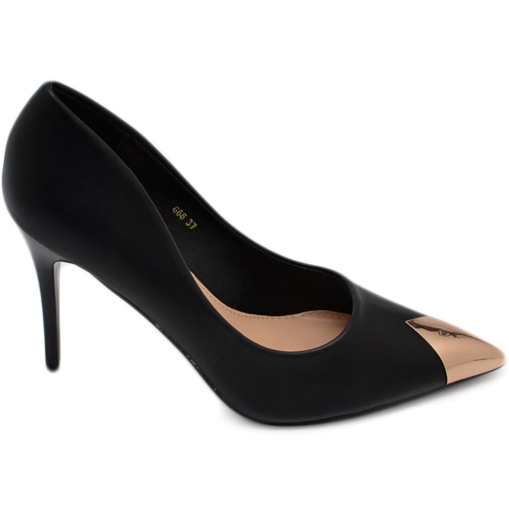 Decolette' donna pelle matte nero con punta oro tacco 12 cm spillo .