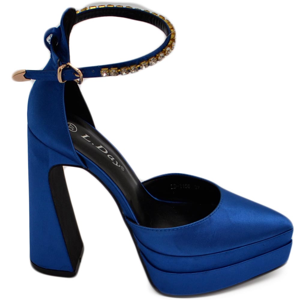 Decollete' donna mary jane a punta in raso blu royal con plateau 4 cm e tacco largo 15 cinturino strass alla caviglia.