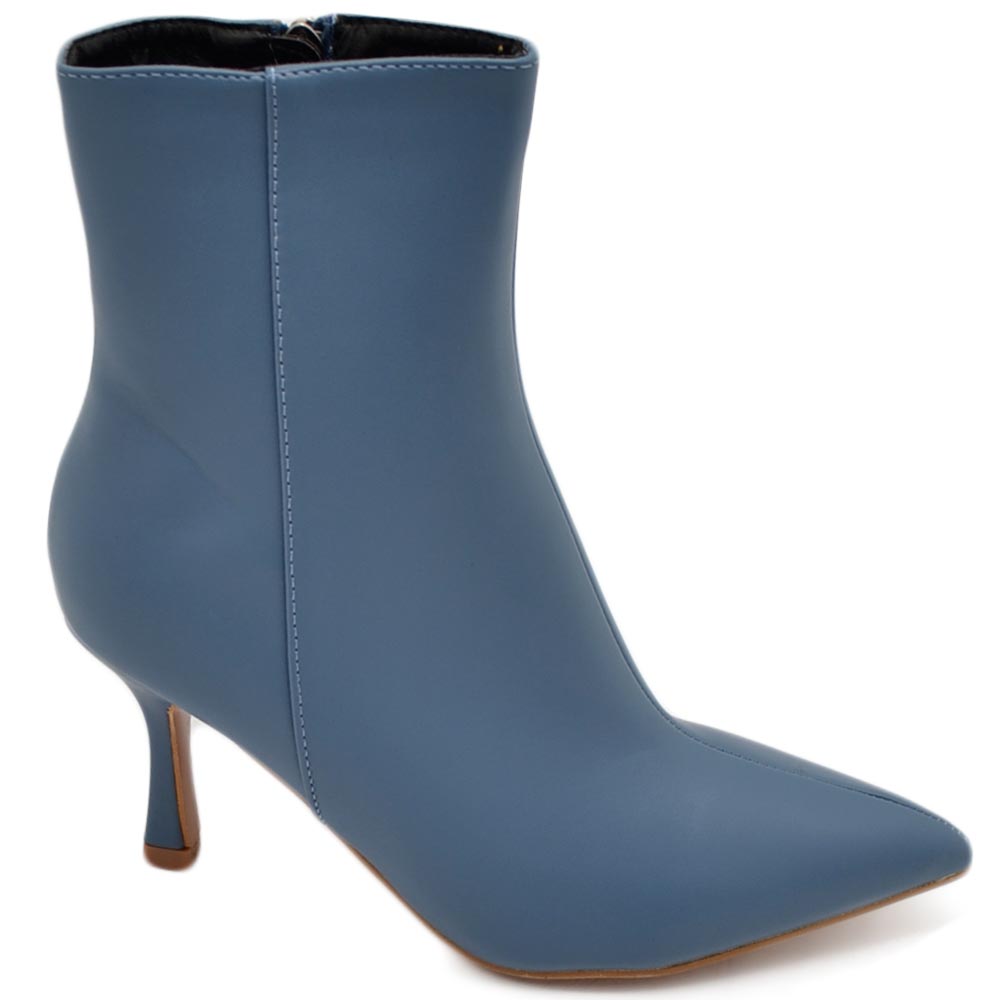 Tronchetto stivaletto azzurro polvere donna linea Basic con tacco a spillo basso 7 cm aderente con zip a punta.