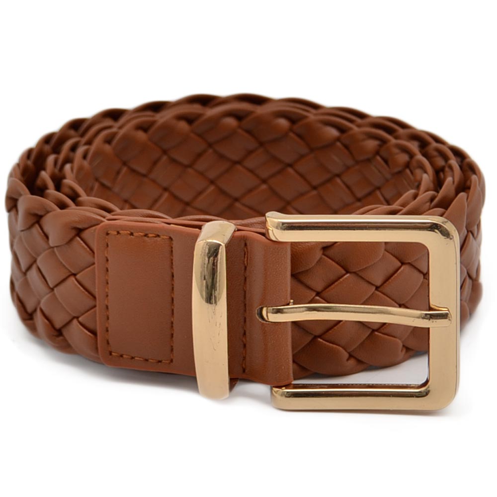 Cintura donna cuoio con fibbia oro trama intrecciata regolabile altezza 5 cm