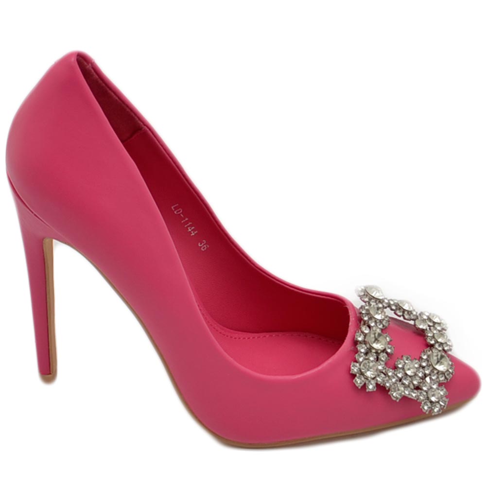 Decolette' donna pelle matte fucsia con gioiello spilla quadrato argento in punta tacco 12 cm spillo