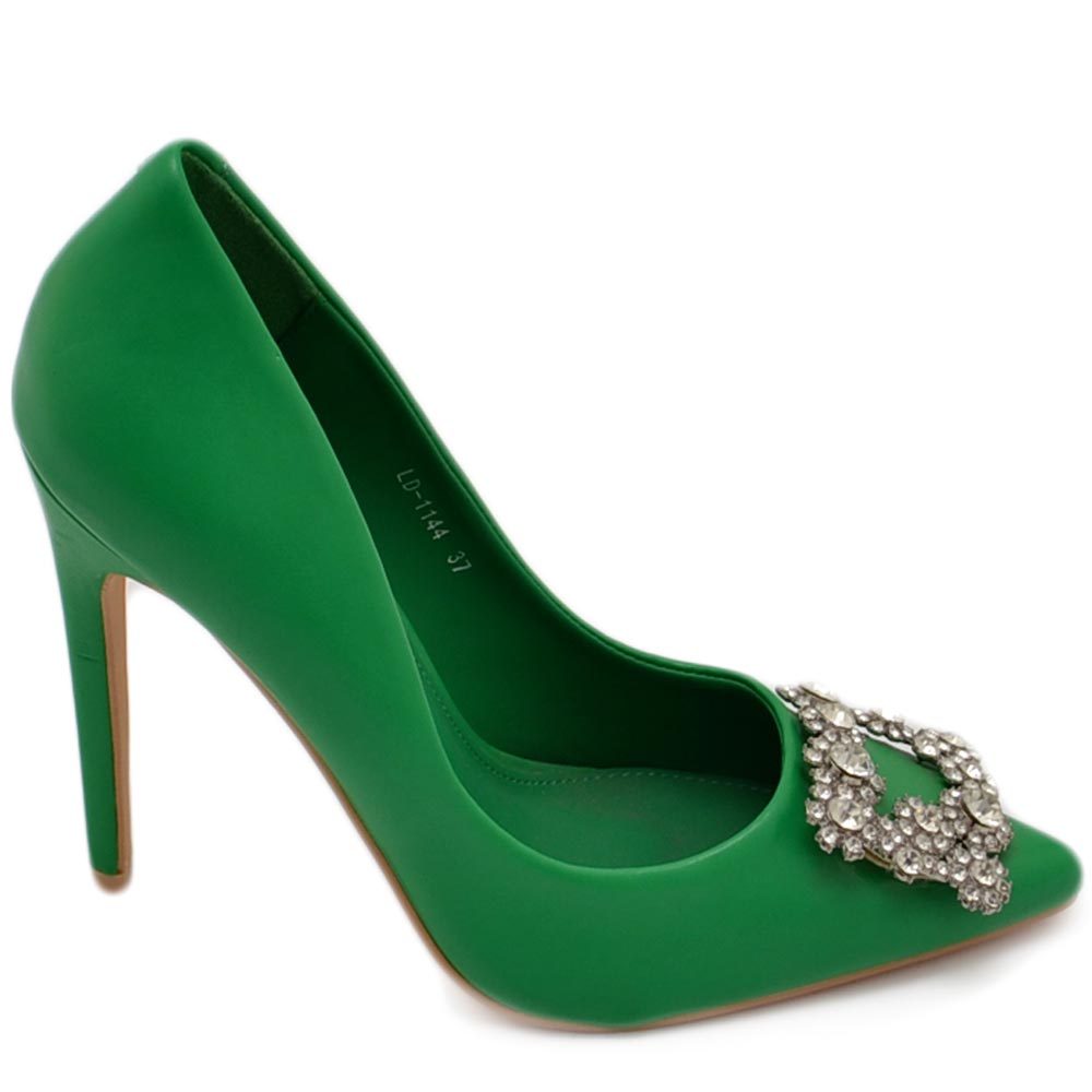 Decolette' donna pelle matte verde prato con gioiello spilla quadrato argento in punta tacco 12 cm spillo.