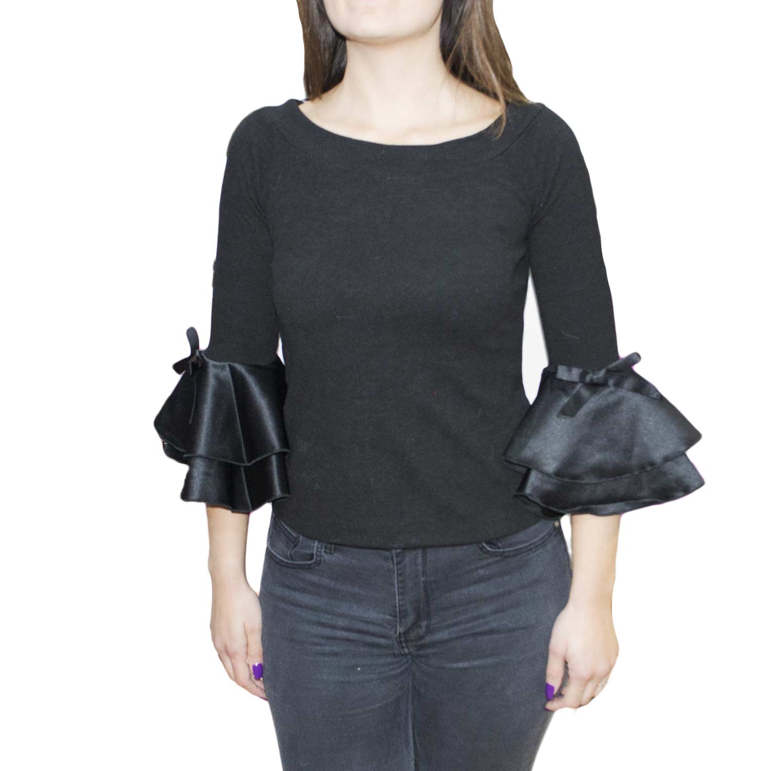 Maglia nera scollo a barca manica a campana cotone e raso elegante anni 30 glamour vintage