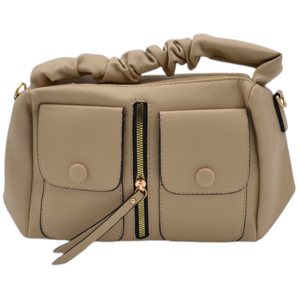 Borsa a mano donna small in pelle beige sabbia con zip tasche frontali e manico arricciato