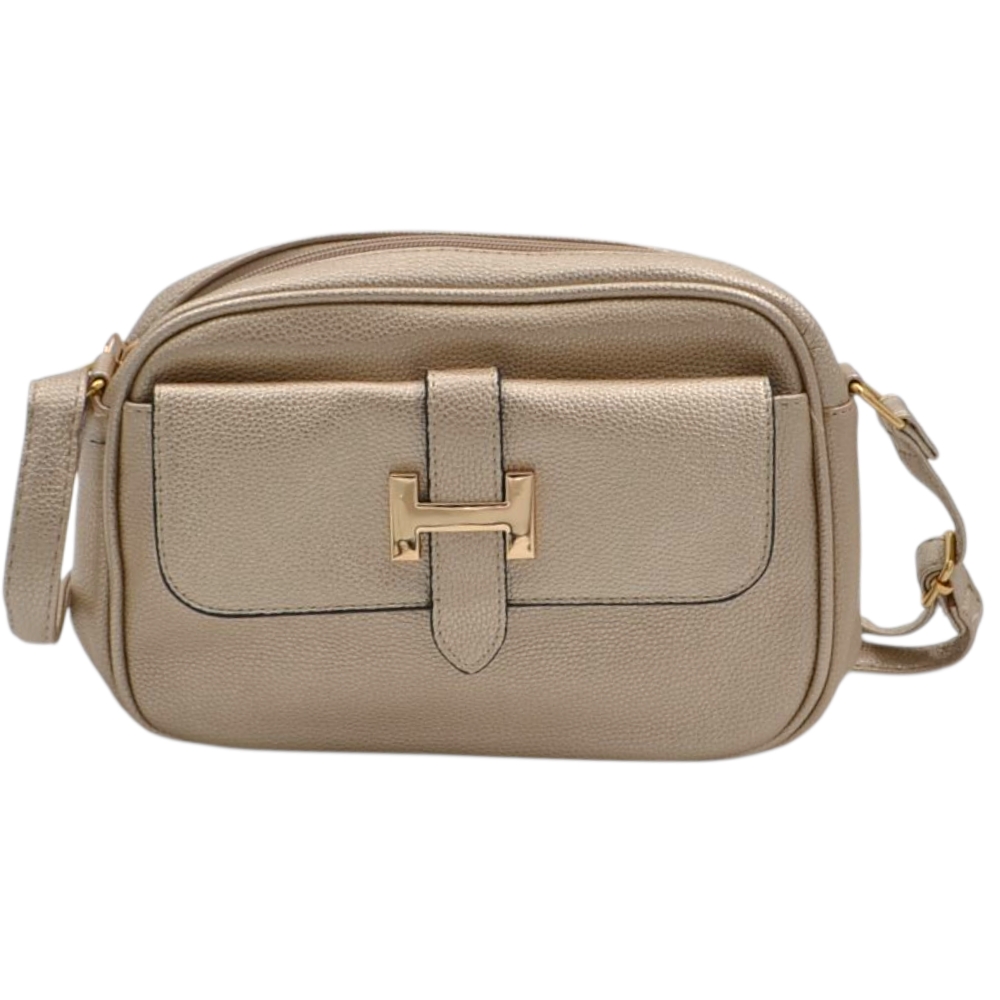 Borsa a tracolla regolabile donna small in ecopelle oro con zip e tasca frontale